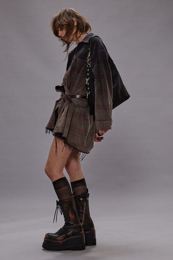 R13 OVERSIZED SHIRTDRESS ROMPER Overdyed Black Plaid
