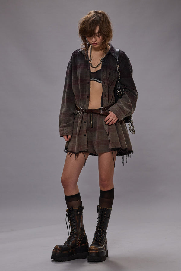 r13 OVERSIZED SHIRTDRESS ROMPER overdyed black plaid