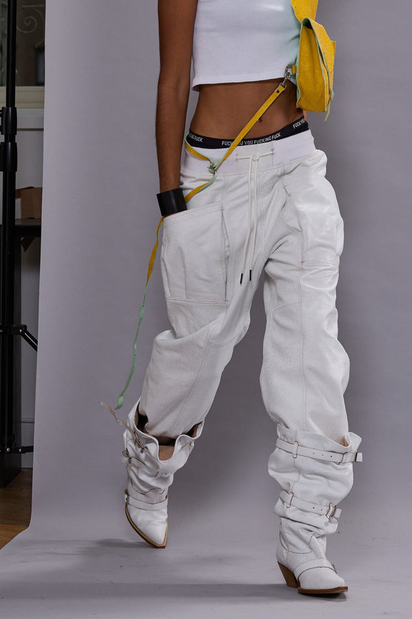 r13 PLEATED POCKET STRAIGHT LEG LEATHER PANT crackle white