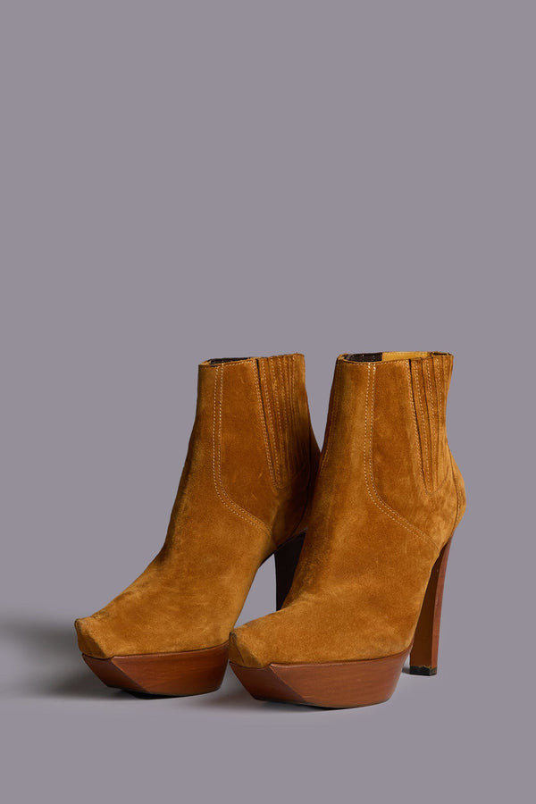 R13 POINTY TOE PLATFORM HEELED BOOT Orange Brown Suede