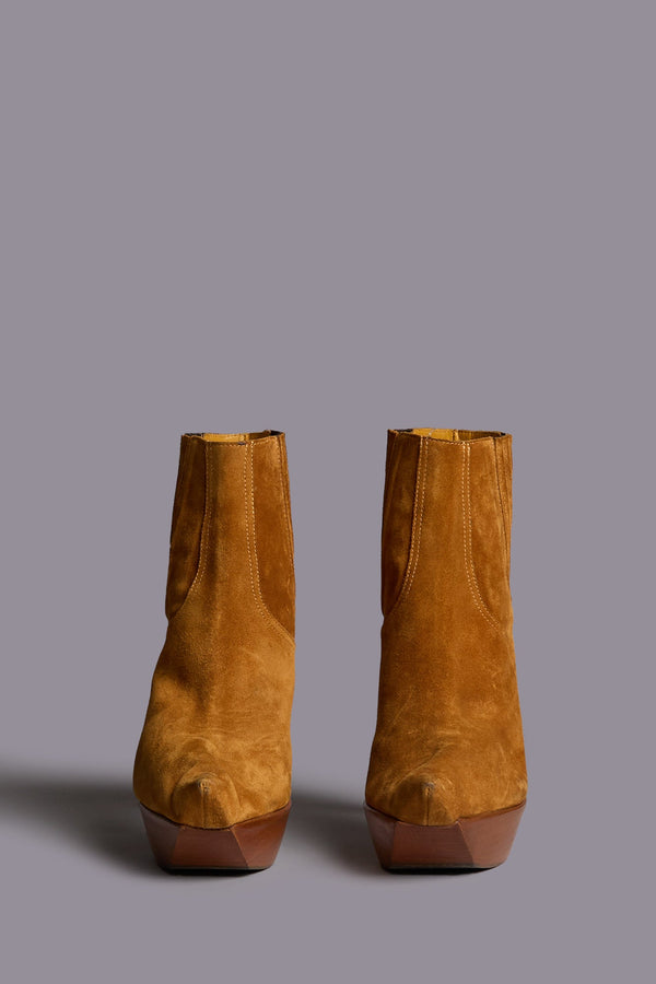 R13 POINTY TOE PLATFORM HEELED BOOT Orange Brown Suede