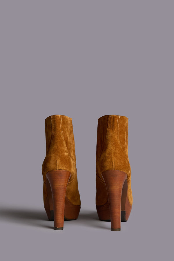 R13 POINTY TOE PLATFORM HEELED BOOT Orange Brown Suede