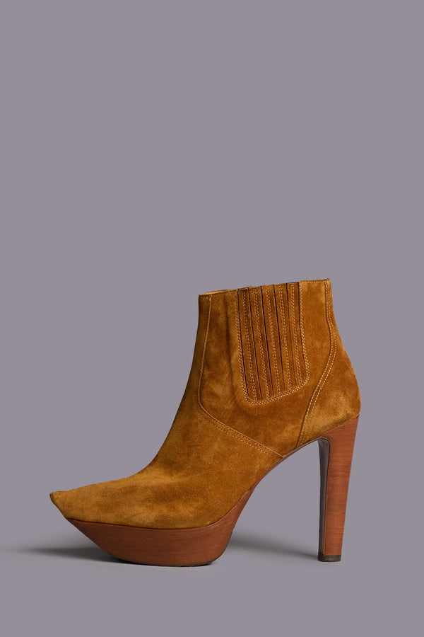 r13 POINTY TOE PLATFORM HEELED BOOT orange brown suede