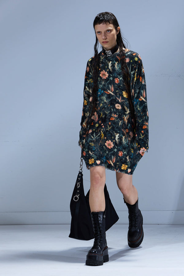 R13 PRINTED GRUNGE SWEATER DRESS Floral With Angels Black