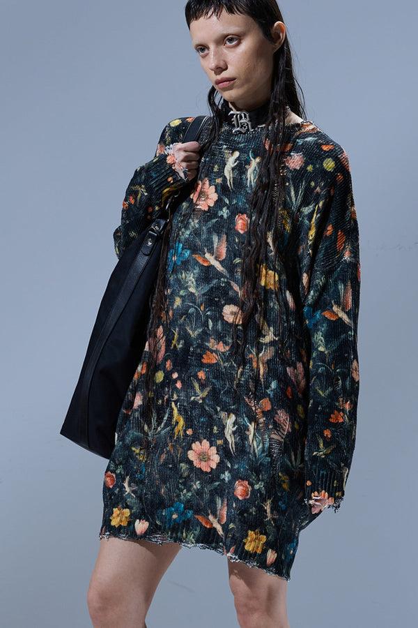 R13 PRINTED GRUNGE SWEATER DRESS Floral With Angels Black