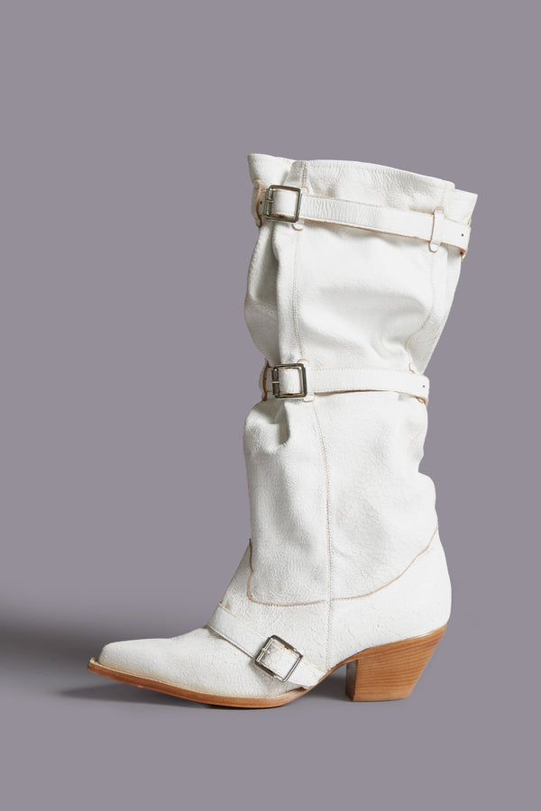 R13 BUCKLED-UP SLOUCH COWBOY BOOT Crackle White