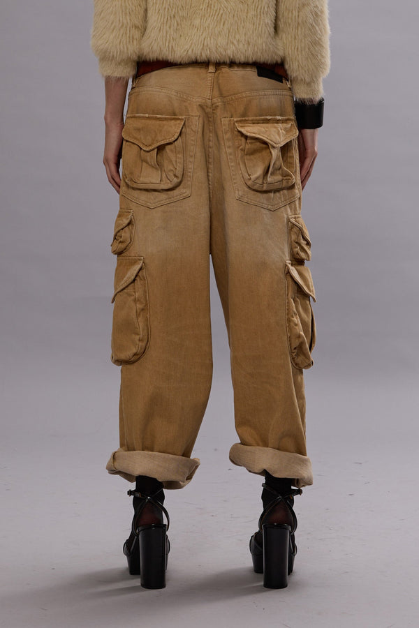 R13 CROPPED MULTI POCKET CARGO Faded Wheat