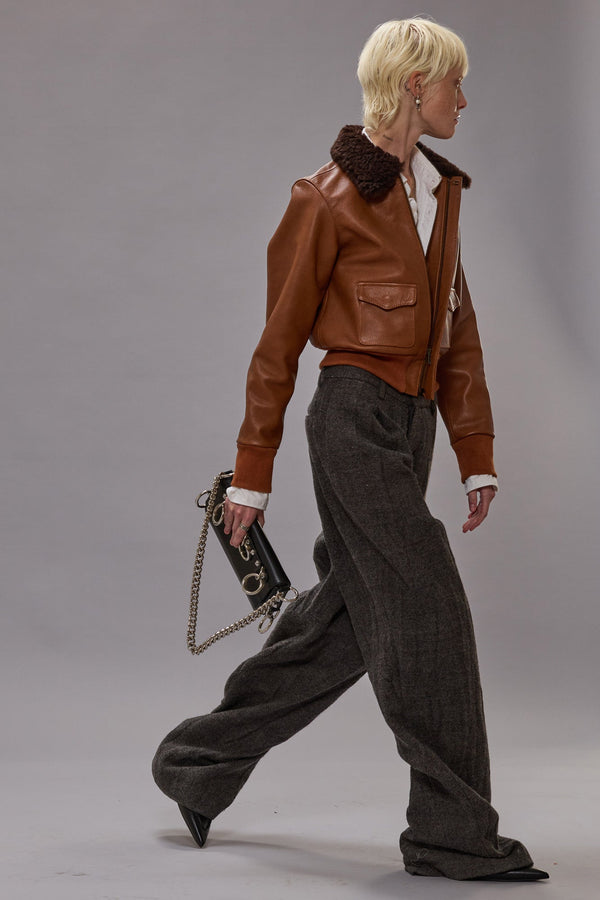 R13 CROPPED SHRUNKEN ZIP-UP BOMBER Orange Brown