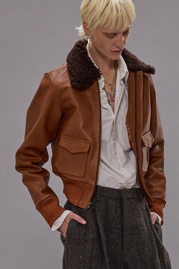 R13 CROPPED SHRUNKEN ZIP-UP BOMBER Orange Brown