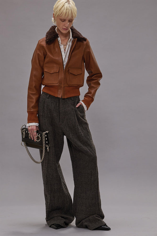 r13 CROPPED SHRUNKEN ZIP-UP BOMBER orange brown