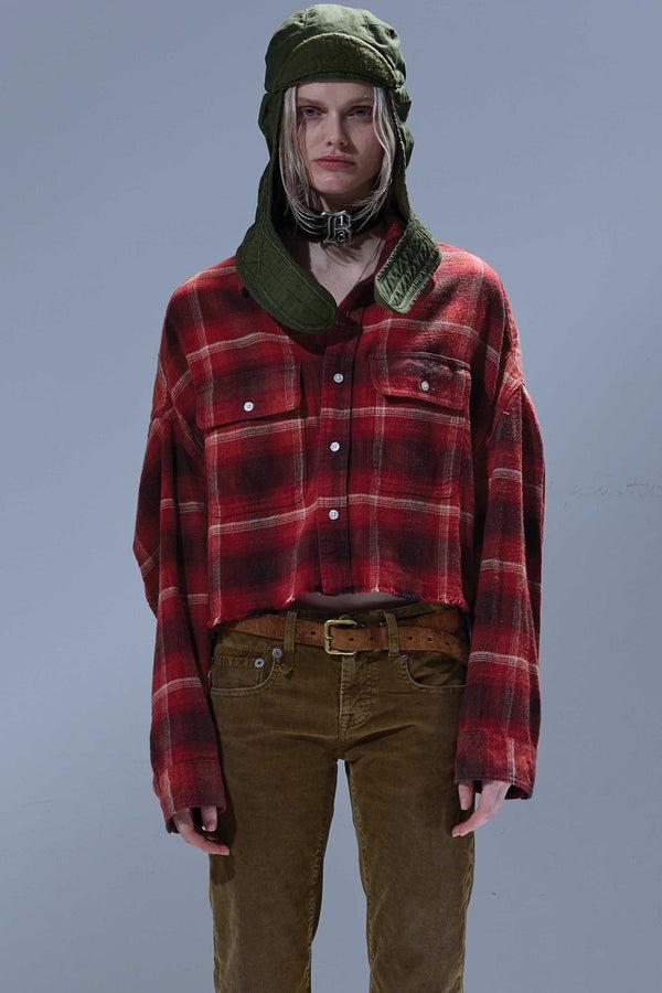 r13 CROPPED WORK SHIRT red / black / cream plaid