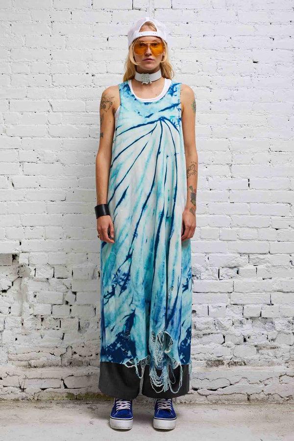 R13 DESTROYED KNIT TANK DRESS Tie Dye Blue