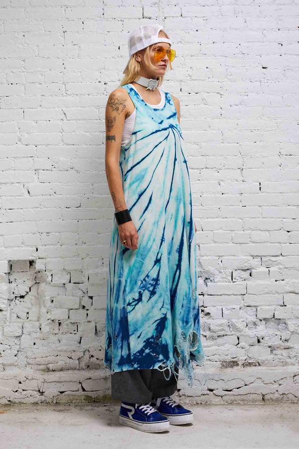 R13 DESTROYED KNIT TANK DRESS Tie Dye Blue