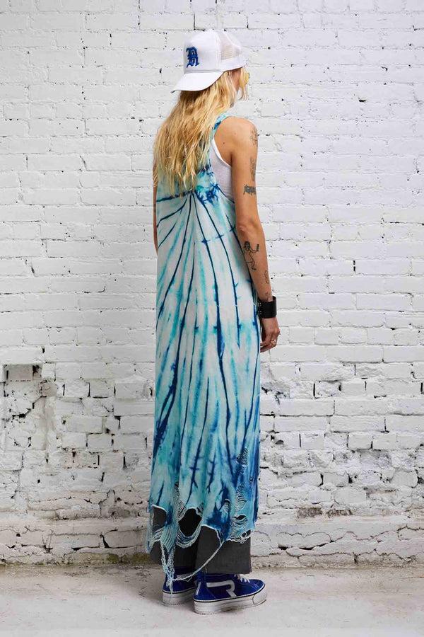R13 DESTROYED KNIT TANK DRESS Tie Dye Blue