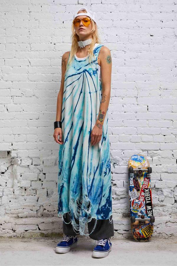 r13 DESTROYED KNIT TANK DRESS tie dye blue
