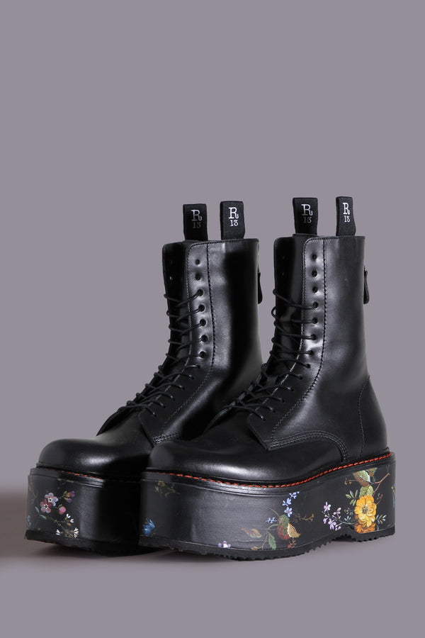 r13 DOUBLE STACK BOOT black with floral platform
