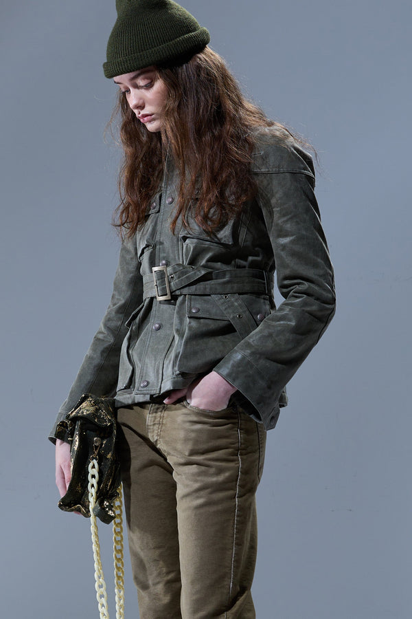 r13 ELONGATED BELTED JACKET olive green