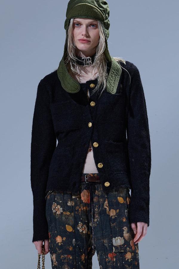 r13 ELONGATED SHRUNKEN CREWNECK CARDIGAN black