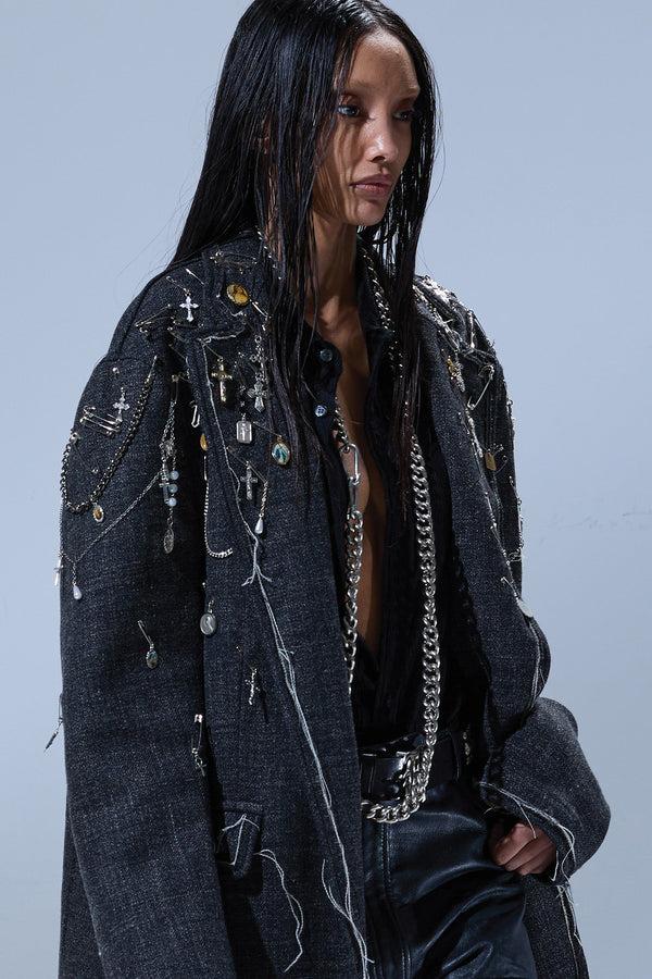 R13 FRAY RAGGED BLAZER Dark Grey