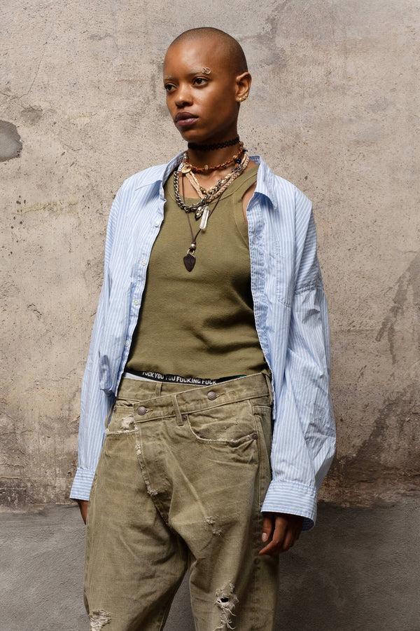 r13 GATHERED HEM SHIRT light blue stripe