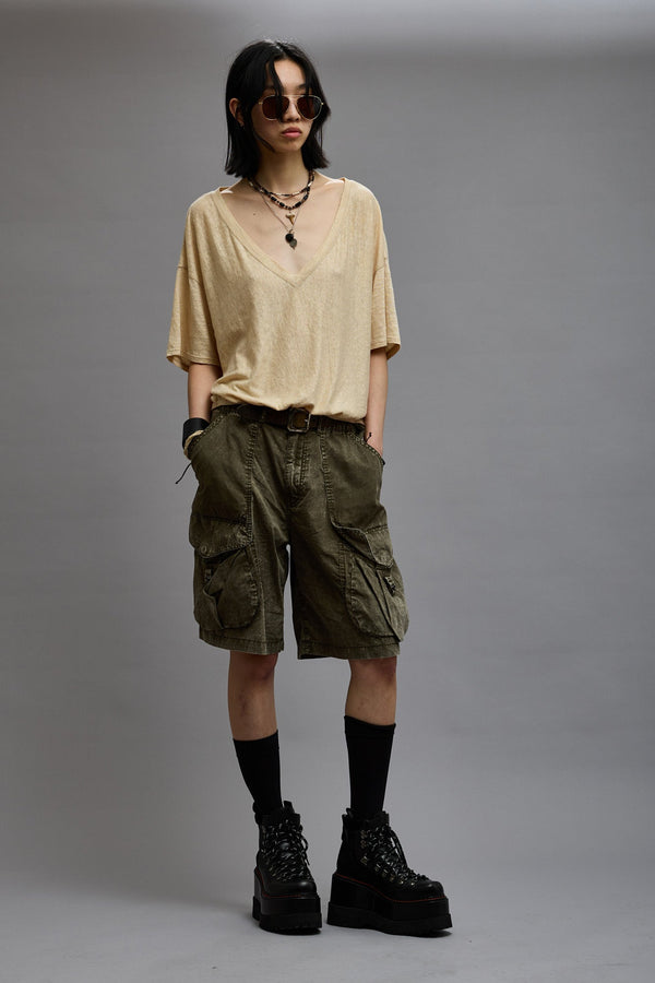 R13 GATHERED HEM V-NECK TEE Khaki