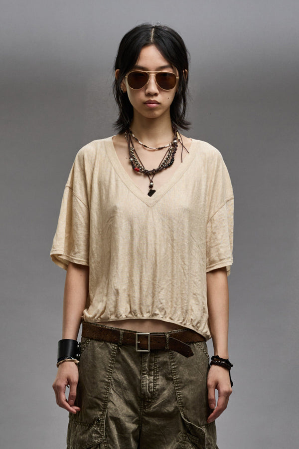 R13 GATHERED HEM V-NECK TEE Khaki