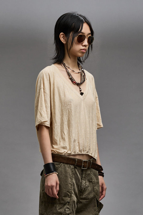 R13 GATHERED HEM V-NECK TEE Khaki