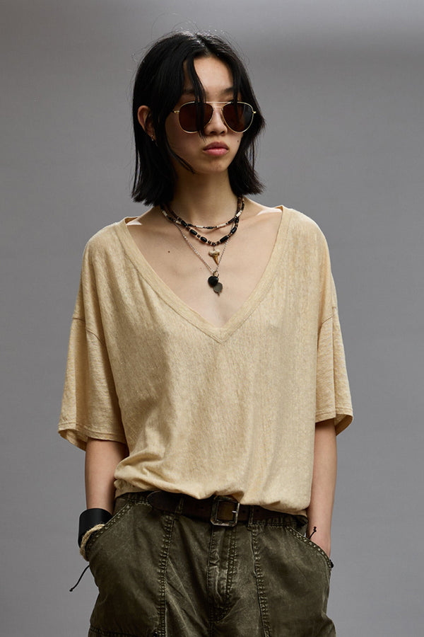 r13 GATHERED HEM V-NECK TEE khaki
