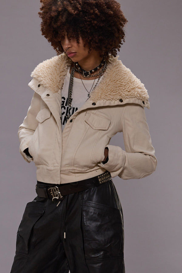 r13 HIGH NECK TRUCKER JACKET ecru stretch