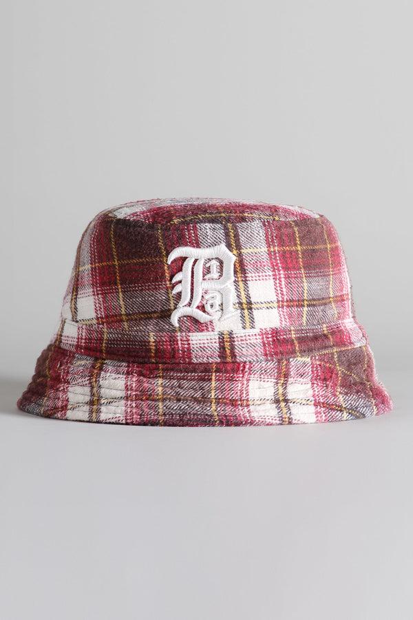r13 LAYERED BUCKET HAT ecru/maroon plaid