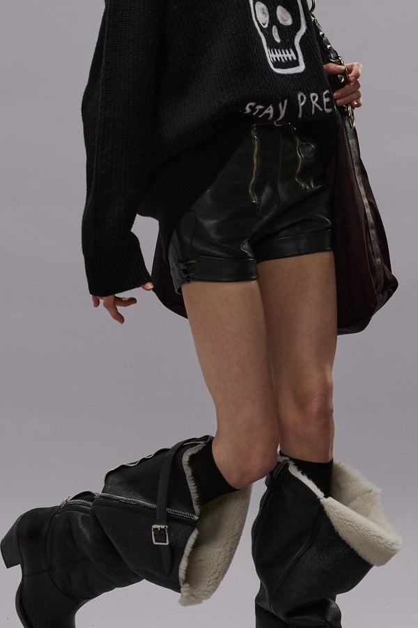 r13 LEATHER BIKER SHORT black