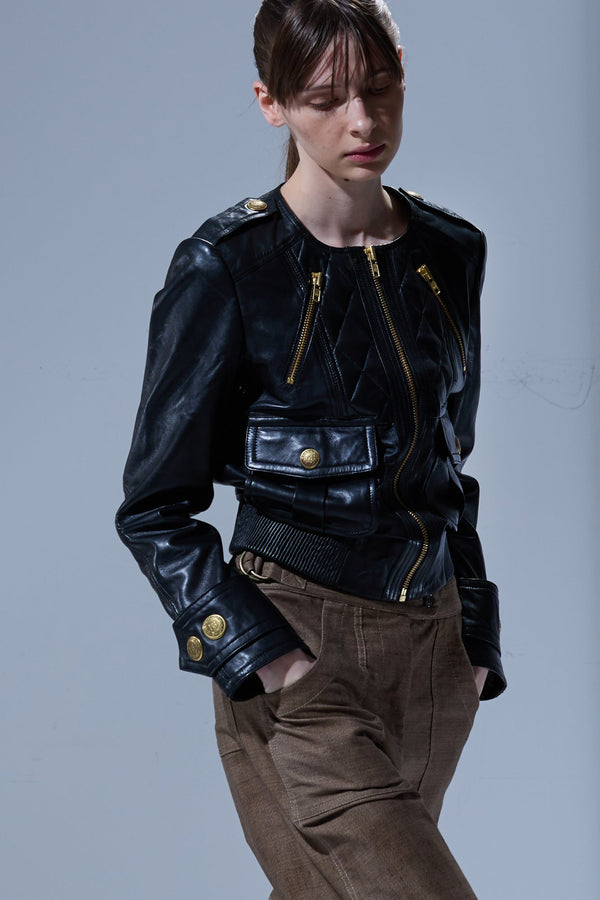 R13 LEATHER SHRUNKEN QUILTED ZIPPERED JACKET Black