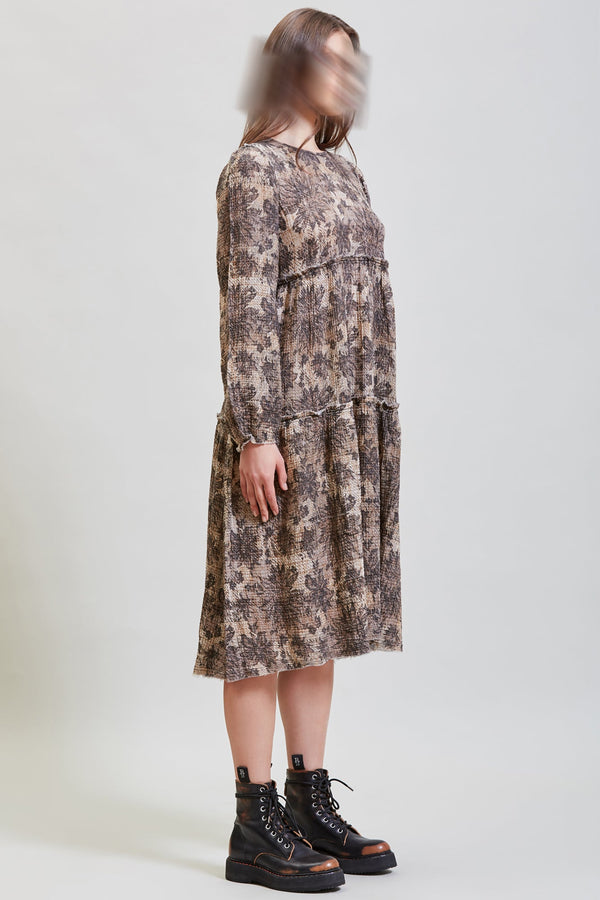 R13 LONG SLEEVE SHREDDED RELAXED MIDI Grey Lace