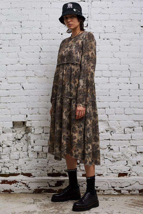 r13 LONG SLEEVE SHREDDED RELAXED MIDI grey lace