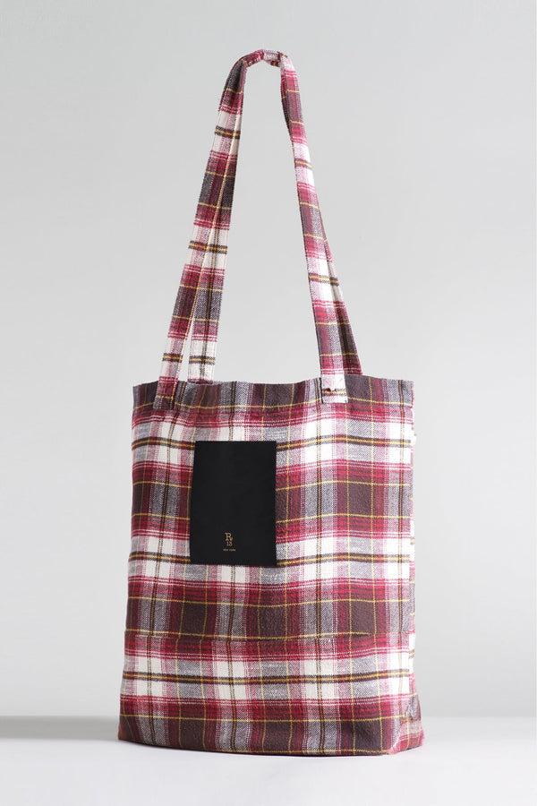 R13 MEDIUM TOTE BAG Ecru/maroon Plaid