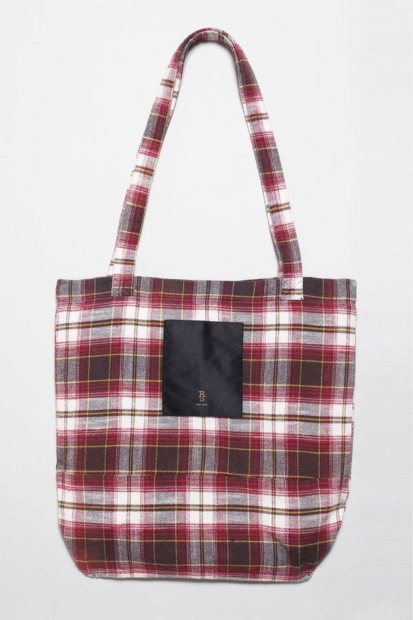R13 MEDIUM TOTE BAG Ecru/maroon Plaid