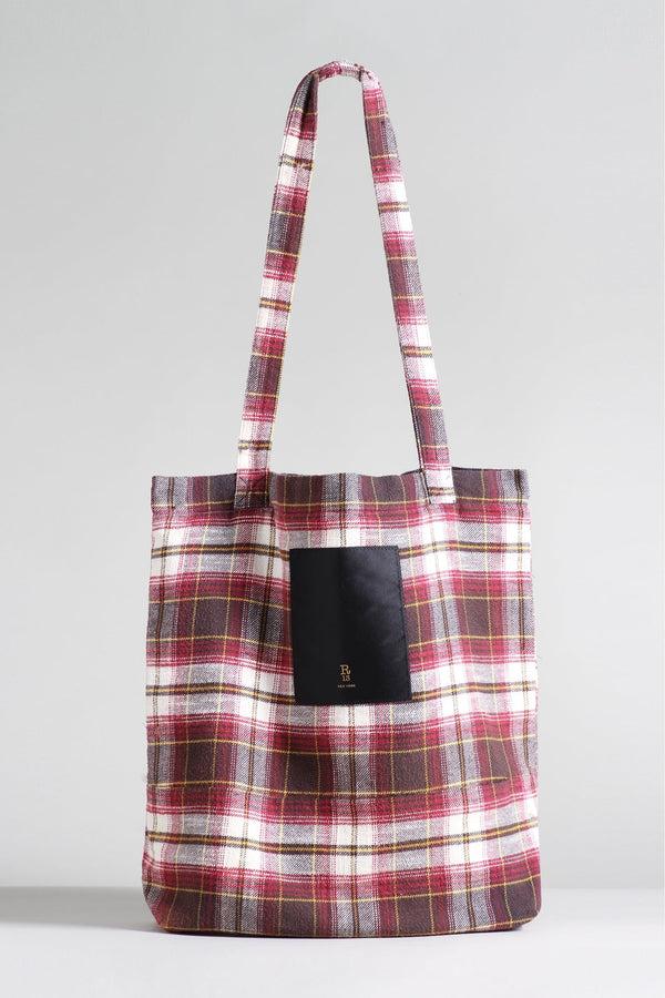 r13 MEDIUM TOTE BAG ecru/maroon plaid