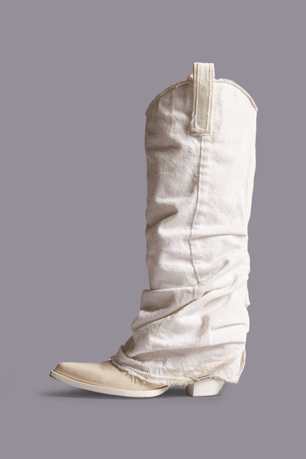 r13 MID COWBOY BOOTS WITH DENIM SLEEVE white denim