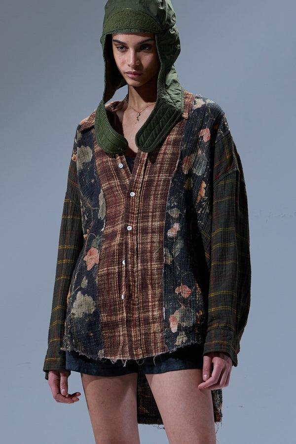 r13 MULTI-STRIP DROP NECK SHIRT multi-print brown