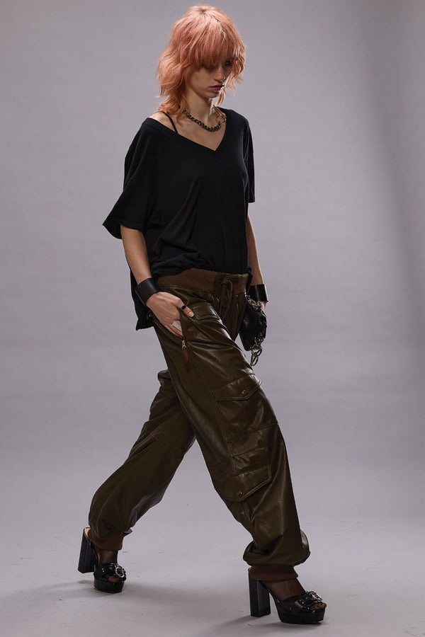 r13 MULTIPOCKET BALLOON LEATHER PANT olive