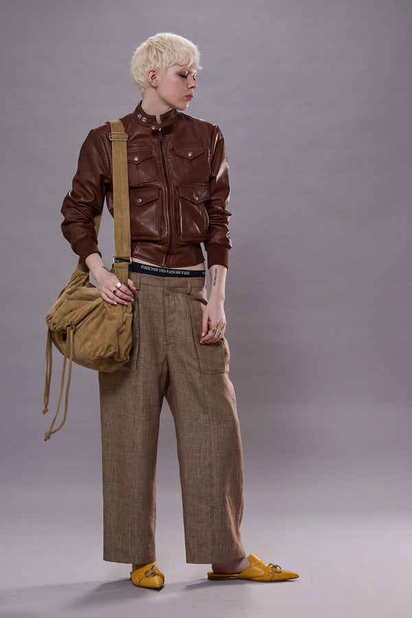 R13 PLEATED POCKET TROUSER Brown Windowpane Plaid