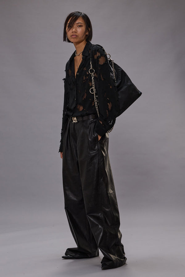 R13 PLEATED WIDE LEG LEATHER PANT Black