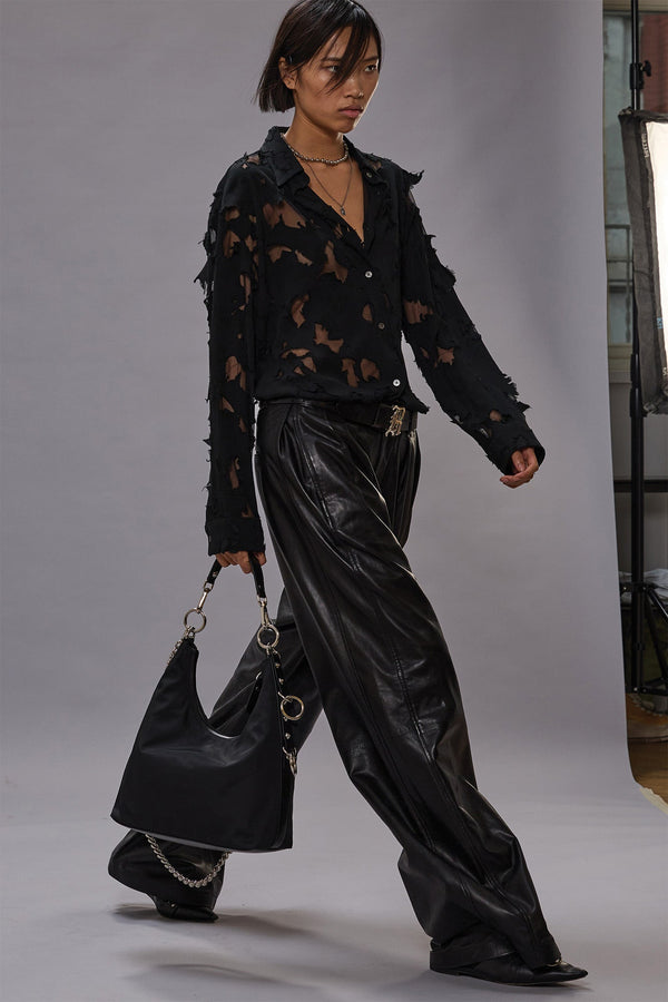 r13 PLEATED WIDE LEG LEATHER PANT black