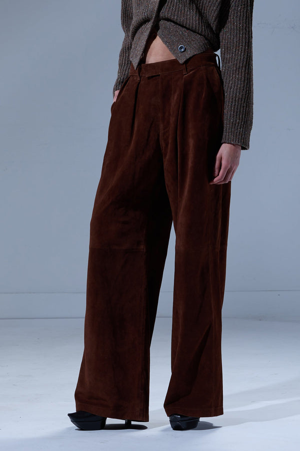 R13 PLEATED WIDE LEG LEATHER PANT Brown Suede
