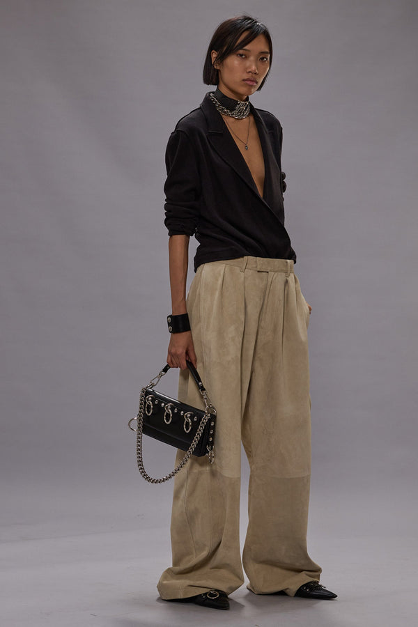 R13 PLEATED WIDE LEG LEATHER PANT Stone