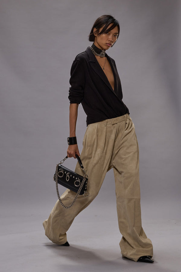 r13 PLEATED WIDE LEG LEATHER PANT stone