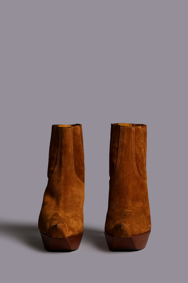 R13 POINTY TOE PLATFORM HEELED BOOT Brown Suede