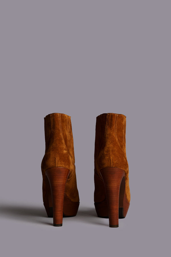 R13 POINTY TOE PLATFORM HEELED BOOT Brown Suede