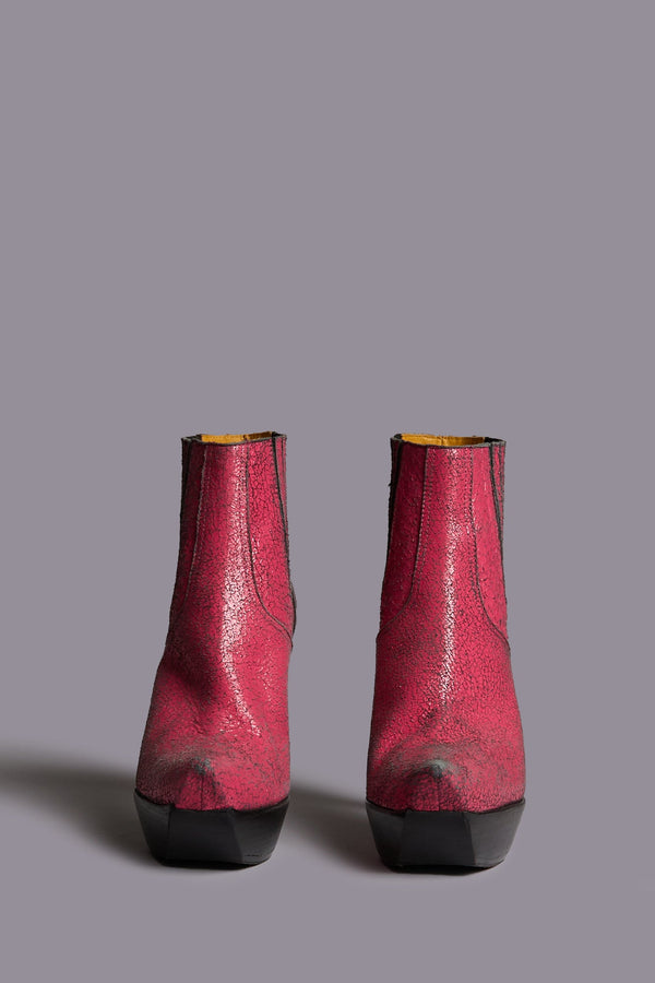 R13 POINTY TOE PLATFORM HEELED BOOT Crackle Pink
