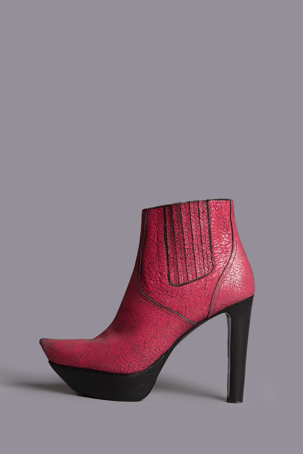 r13 POINTY TOE PLATFORM HEELED BOOT crackle pink